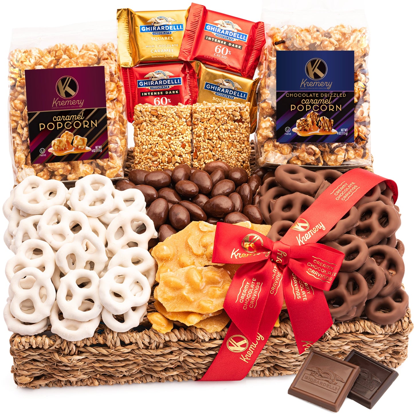 KREMERY Creamy Chocolate Cravings Easter Chocolate Covered Pretzels, Caramel Popcorn, Nuts & Candy (Premium, 2.5 lbs) Ramadan Gifts Sweet Treats in Seagrass Tray with Ribbon Kosher