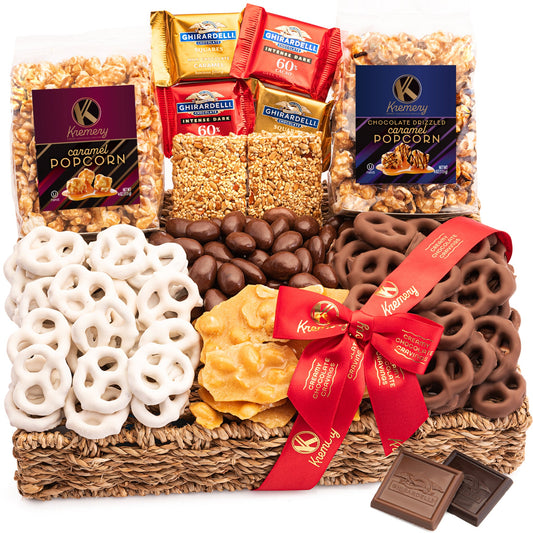 KREMERY Creamy Chocolate Cravings Easter Chocolate Covered Pretzels, Caramel Popcorn, Nuts & Candy (Premium, 2.5 lbs) Ramadan Gifts Sweet Treats in Seagrass Tray with Ribbon Kosher