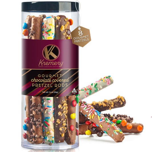 KREMERY Creamy Chocolate Cravings - Easter Chocolate Covered Pretzel Rods Gift Basket with Candied Toppings (8 Pretzels) Ramadan Gifts Sweet Treats in Clear Tube Kosher