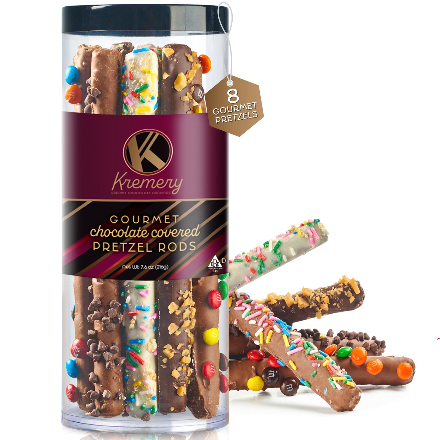 KREMERY Creamy Chocolate Cravings - Easter Chocolate Covered Pretzel Rods Gift Basket with Candied Toppings (8 Pretzels) Ramadan Gifts Sweet Treats in Clear Tube Kosher