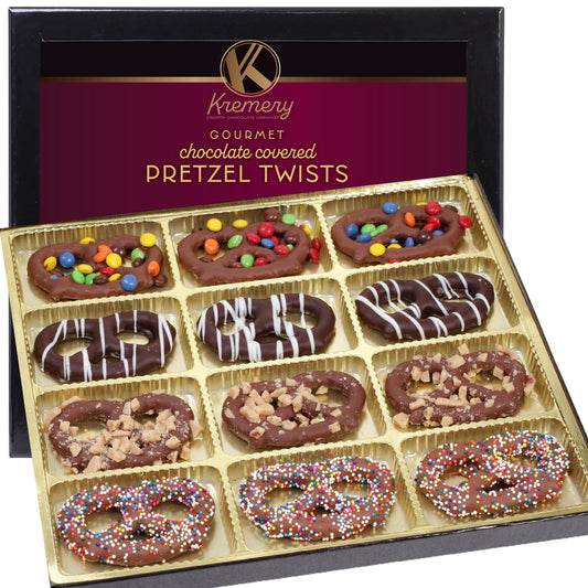 KREMERY Creamy Chocolate Cravings - Easter Chocolate Covered Pretzel Twists Gift Basket with Candied Toppings (12 Pretzels) Ramadan Gifts Sweet Treats in Sectional Gift Box Kosher