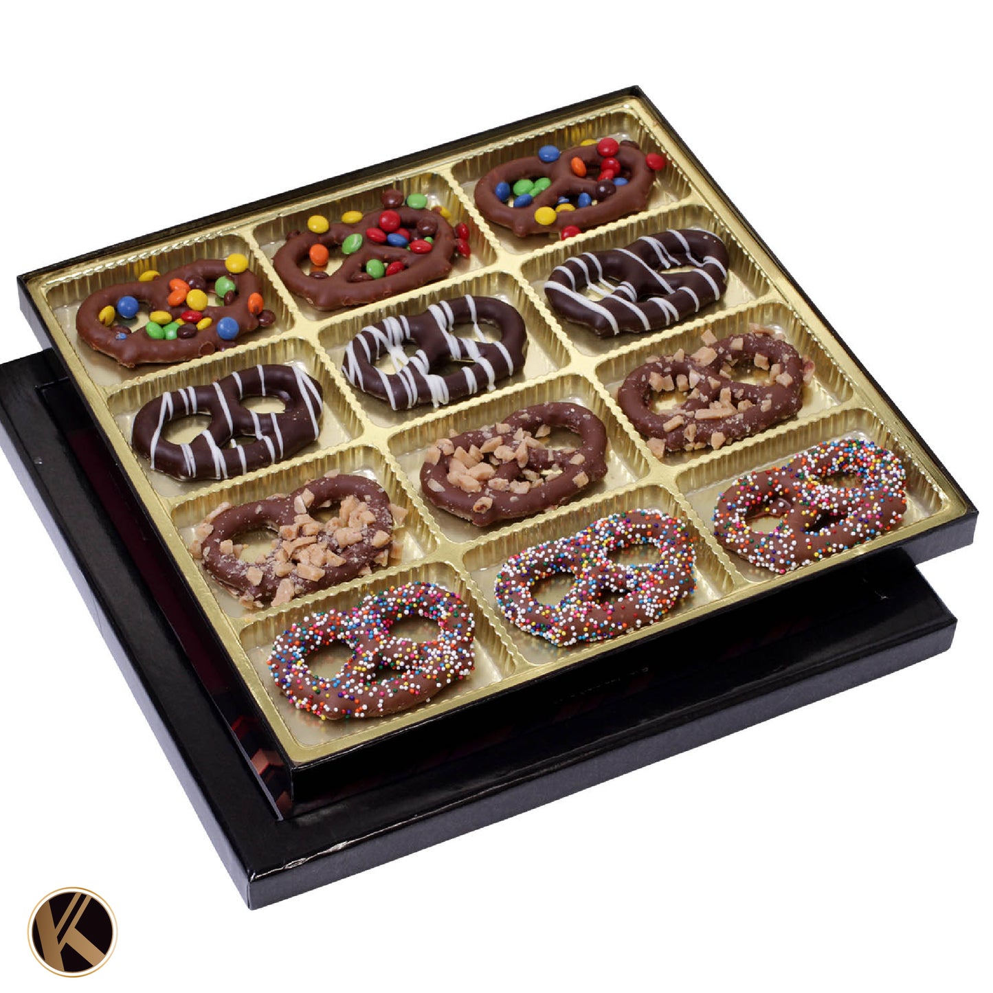 Chocolate Covered Pretzel Twists Gift Basket with Candied Toppings (12 Pretzels) Sweet Treats in Sectional… — view 2