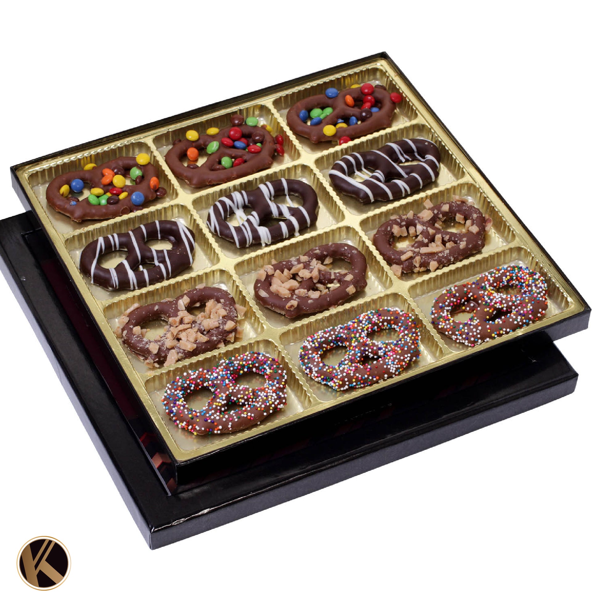 Chocolate Covered Pretzel Twists Gift Basket with Candied Toppings (12 Pretzels) Sweet Treats in Sectional… — view 2