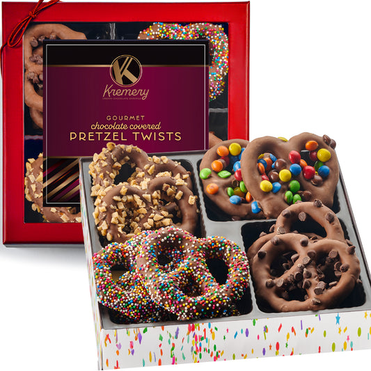 KREMERY Creamy Chocolate Cravings - Easter Chocolate Covered Pretzel Twists Gift Basket with Candied Toppings (12 Pretzels) Ramadan Gifts Sweet Treats in Confetti Gift Box Kosher