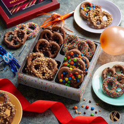 Chocolate Covered Pretzel Twists Gift Basket with Candied Toppings (12 Pretzels) Sweet Treats in Confetti… — view 4