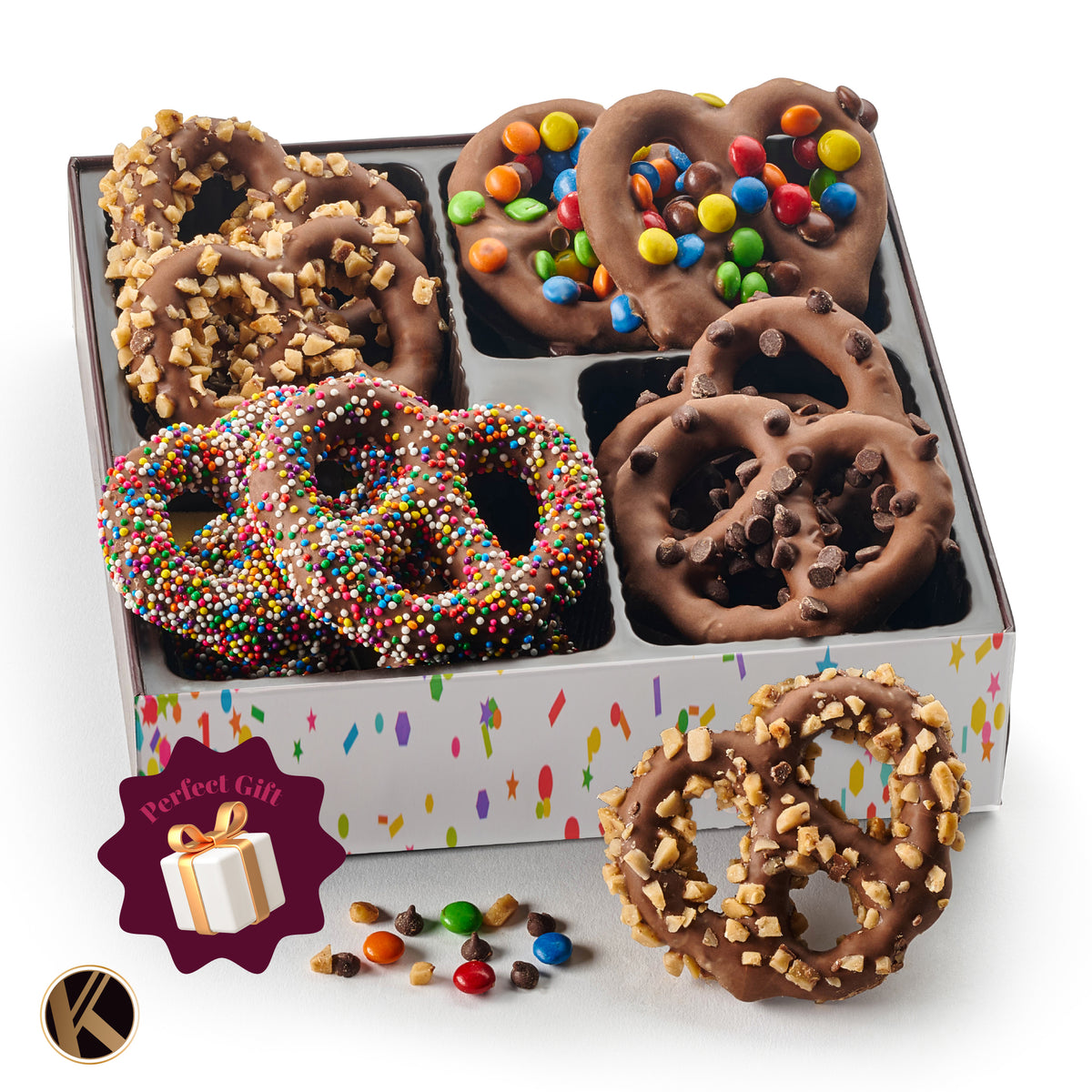 Chocolate Covered Pretzel Twists Gift Basket with Candied Toppings (12 Pretzels) Sweet Treats in Confetti… — view 5
