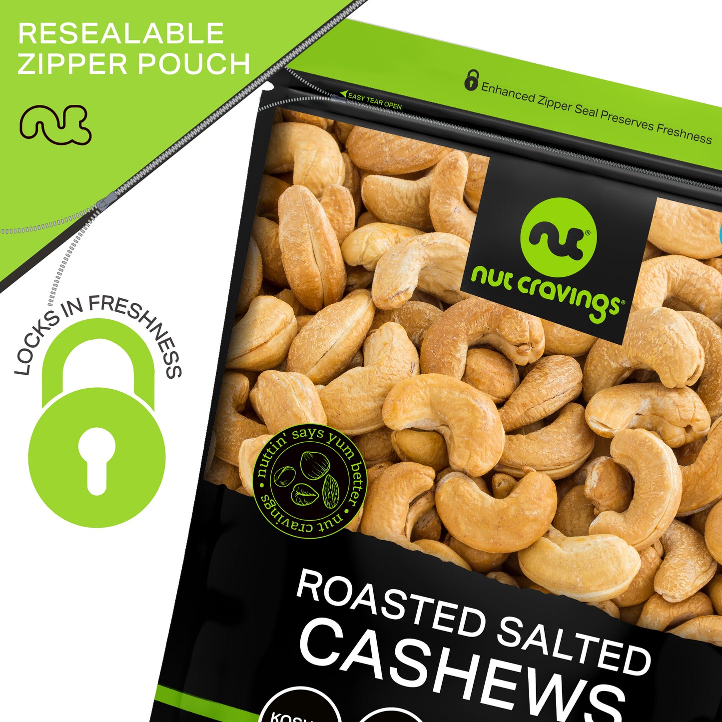 NUT CRAVINGS - Roasted Cashews Slightly Salted - Jumbo Whole Packed Fresh in Resealable Bag - Nut Snack - Food Assortments