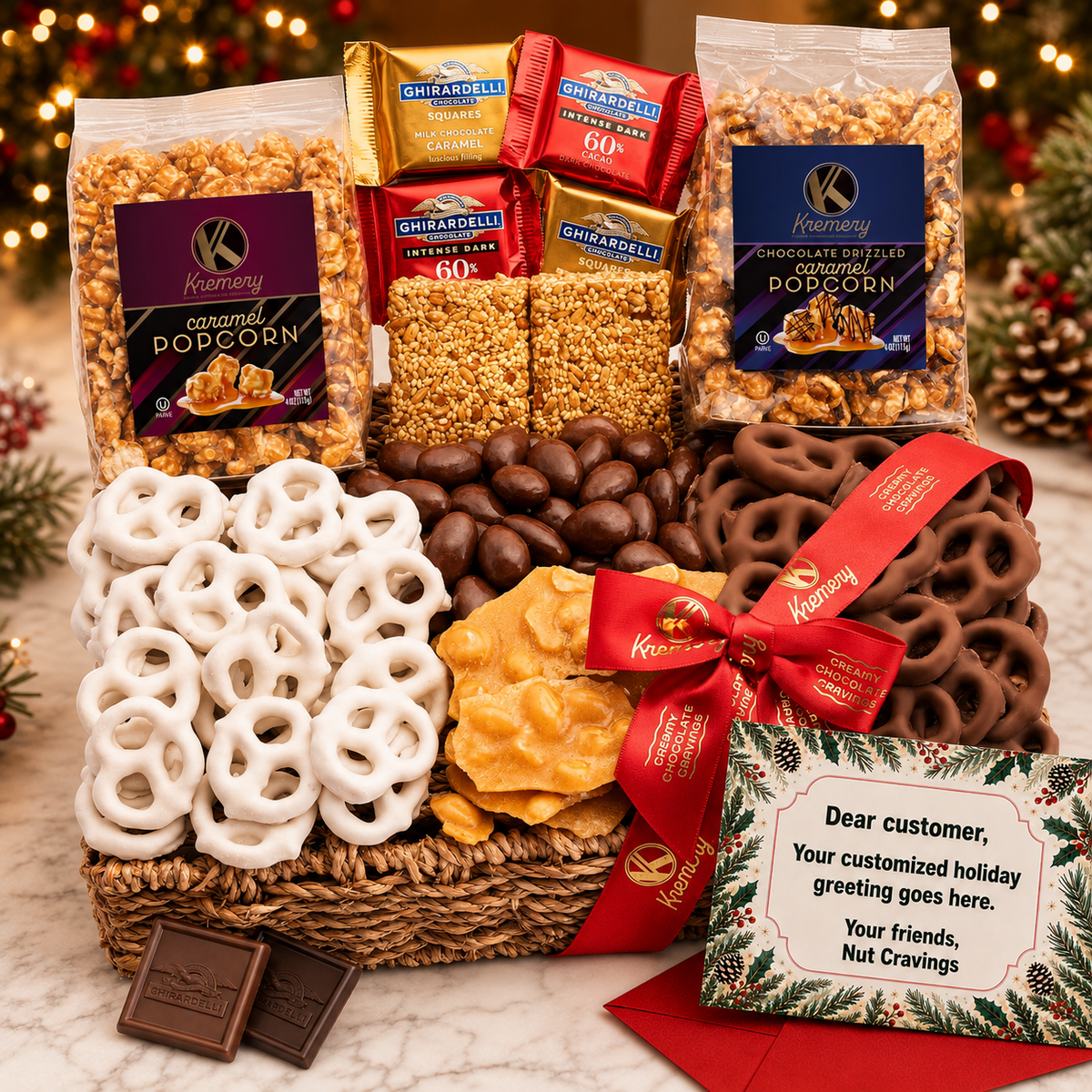 Kremery chocolate gift basket with caramel popcorn, chocolate covered pretzels and Ghirardelli squares beside a free personalized holiday greeting card