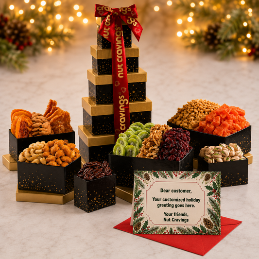 Black and gold five tier dried fruit and mixed nuts gift tower beside a free personalized holiday greeting card