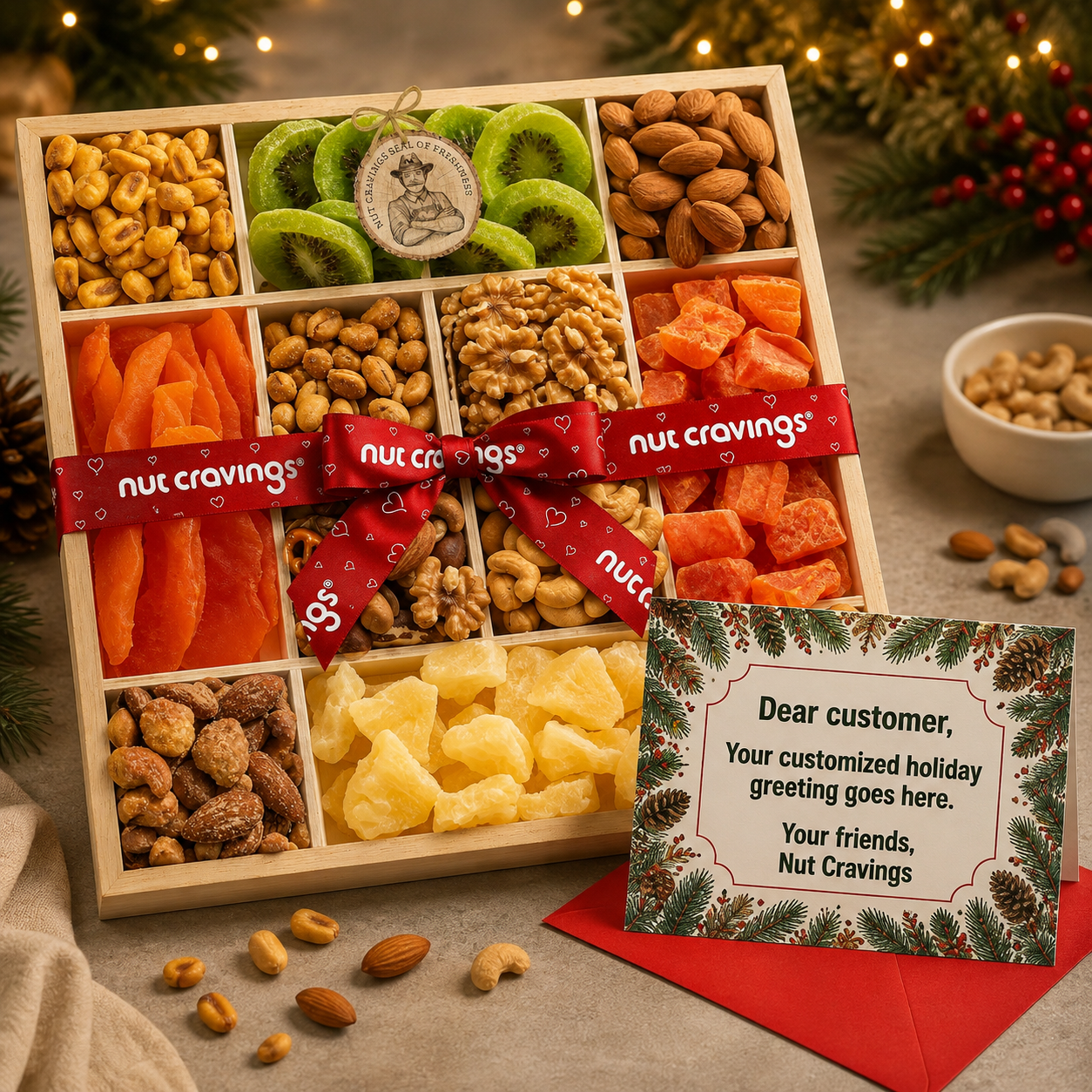 Twelve section reusable wooden tray of dried fruit and mixed nuts with a red Nut Cravings ribbon beside a free personalized holiday greeting card