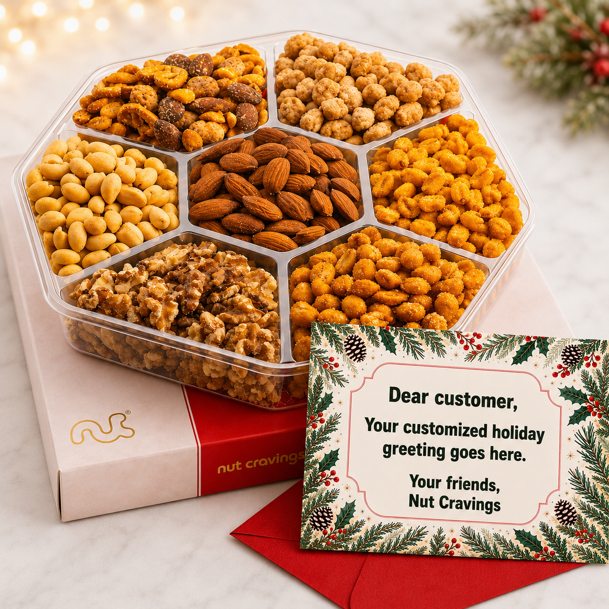 Holiday seven section nut and snack gift tray beside a free personalized holiday greeting card