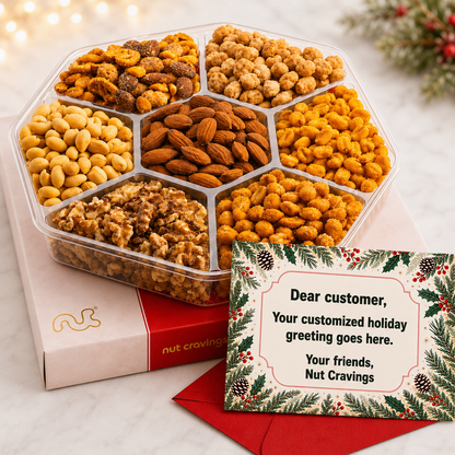 Holiday seven section nut and snack gift tray beside a free personalized holiday greeting card