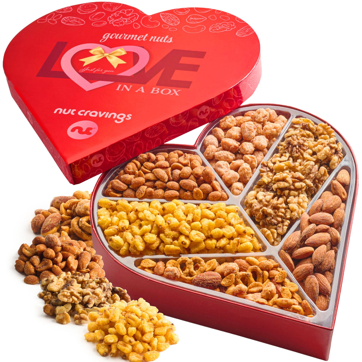 PLACEHOLDER IMAGE - Heart shaped mixed nuts gift basket, Love in a Box, 6 assortments