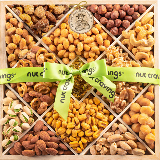 PLACEHOLDER IMAGE - Mixed nuts gift basket in a reusable diamond wooden tray, 12 assortments