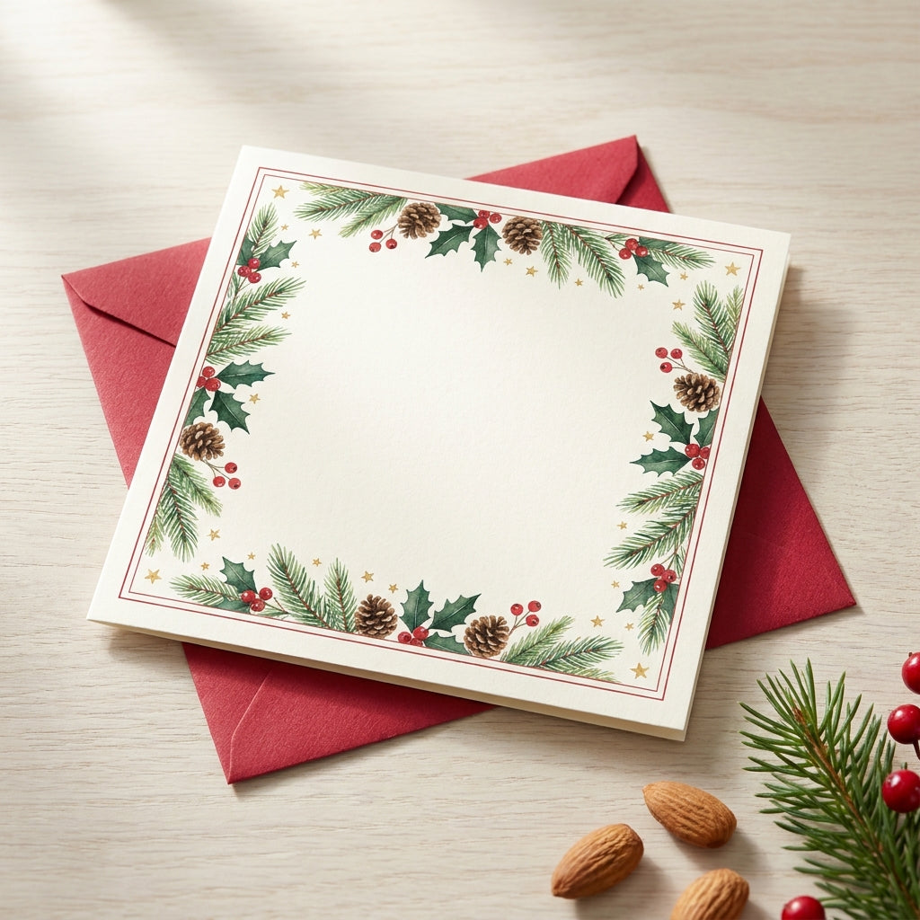 Free custom printed holiday greeting card with watercolor pine and holly border, resting on a red envelope