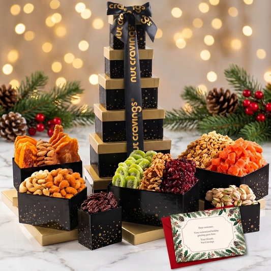 Holiday black and gold six-box dried fruit and mixed nuts gift tower with black Nut Cravings ribbon, shown with the free printed holiday greeting card