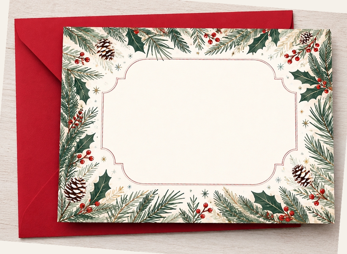 Blank Nut Cravings holiday flat greeting card with watercolour pine and holly border