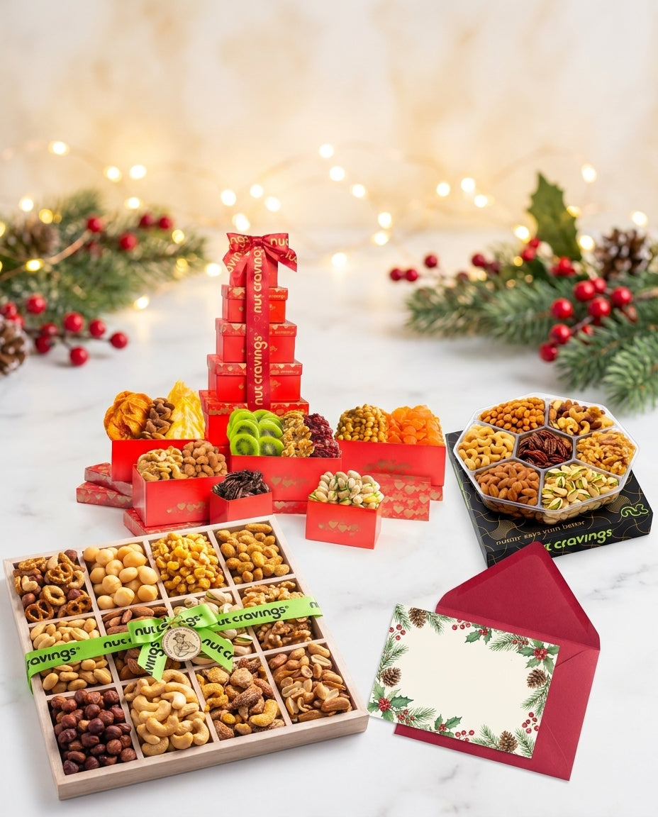 Nut Cravings holiday gift tower, nut trays and a free custom printed holiday greeting card with red envelope