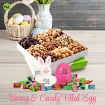 Nut Cravings Gourmet Collection - Easter Candies & Mixed Nuts Gift Basket with Happy Easter Ribbon (9 Piece Assortment) Candy Filled Egg + Bunny Stuffer, Healthy Kosher Snack Box Women Men