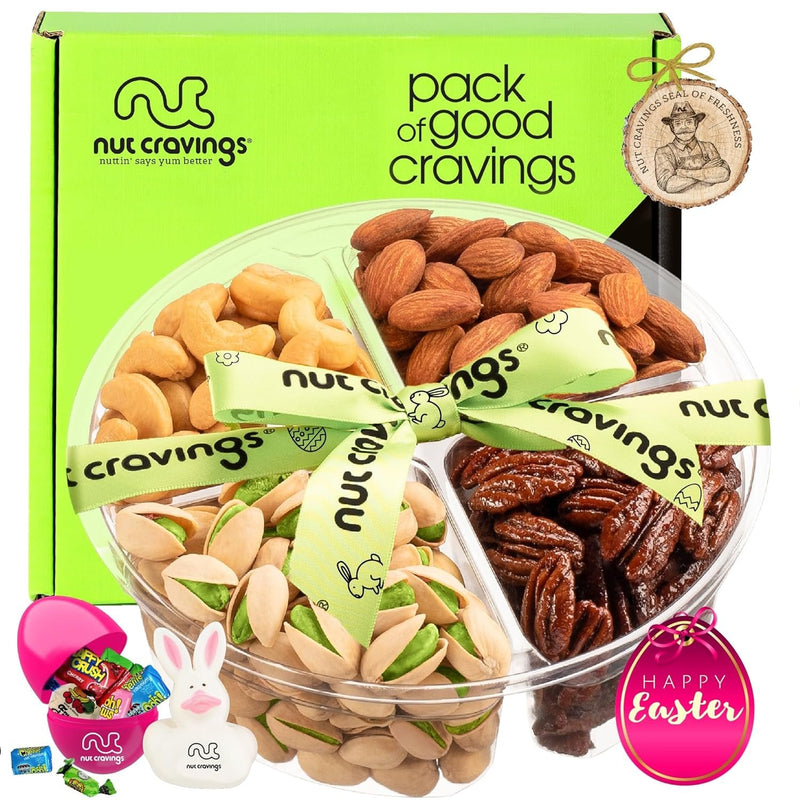 Nut Cravings Gourmet Collection - Easter Mixed Nuts & Candies Gift Basket with Happy Easter Ribbon (4 Piece Assortment) Candy Filled Egg + Bunny Stuffer, Healthy Kosher Snack Box Women Men