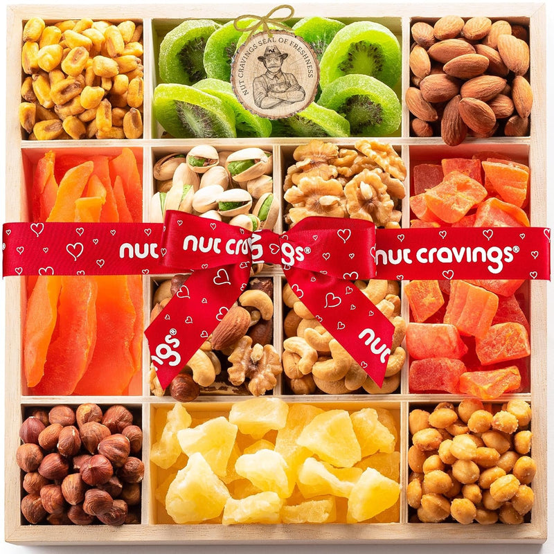 Nut Cravings Gourmet Collection - Easter Dried Fruit & Mixed Nuts Gift Basket in Reusable Wooden Tray + Ribbon (12 Assortments) Arrangement Platter, Healthy Kosher USA Made