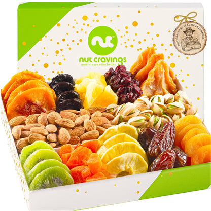 NUT CRAVINGS - Dried Fruit & Mixed Nuts Gift Basket in White Gold Box (12 Assortments) Ramadan Gifts Food Arrangement, Healthy Snack Care Package,