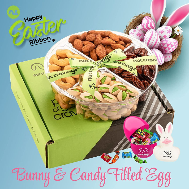 Nut Cravings Gourmet Collection - Easter Mixed Nuts & Candies Gift Basket with Happy Easter Ribbon (4 Piece Assortment) Candy Filled Egg + Bunny Stuffer, Healthy Kosher Snack Box Women Men