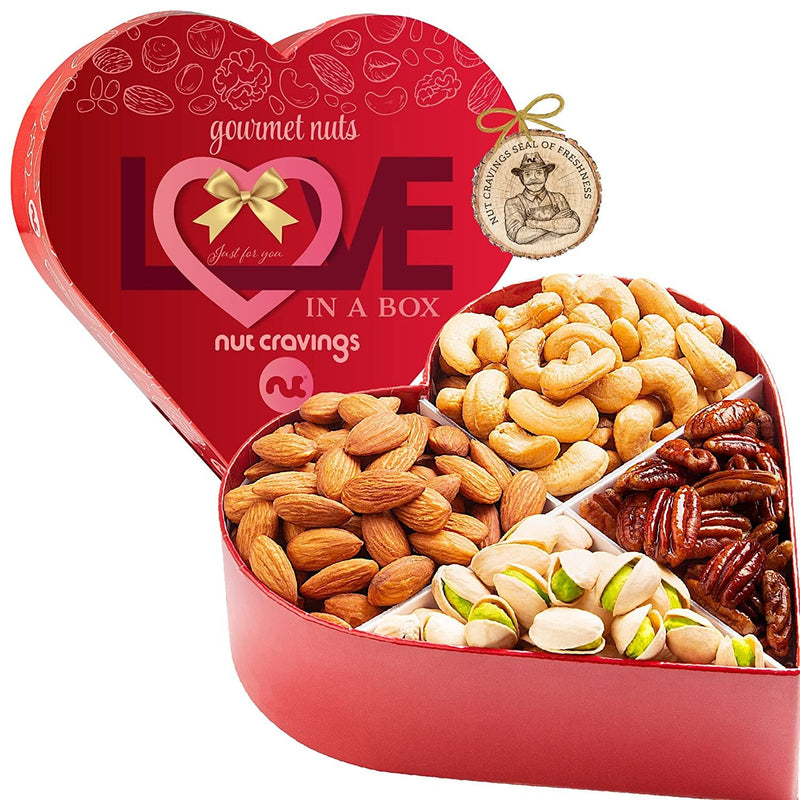 Nuts Gift Basket in Heart Box (4 Piece Assortment) Fathers Day Bouquets Arrangement Platter, Birthday Care Package, Healthy Food Kosher Snack Tray for Dad Families Women Men Adults, Prime