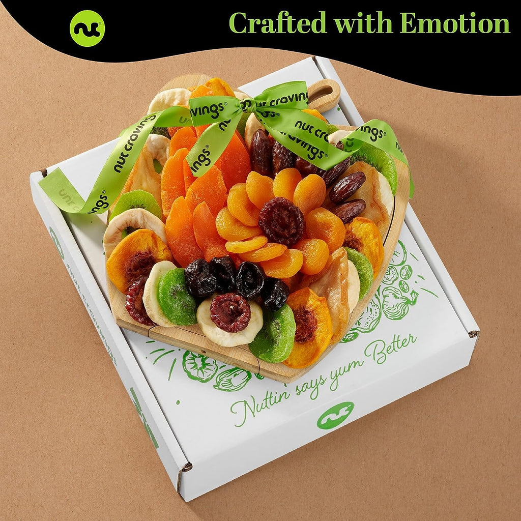 Nut Cravings Gourmet Collection - Dried Fruit Wooden Apple-Shaped Gift Basket + Tray (9 Assortment) Flower Arrangement Platter with Green Ribbon, Healthy Kosher Food, Birthday Care Package - Men Women