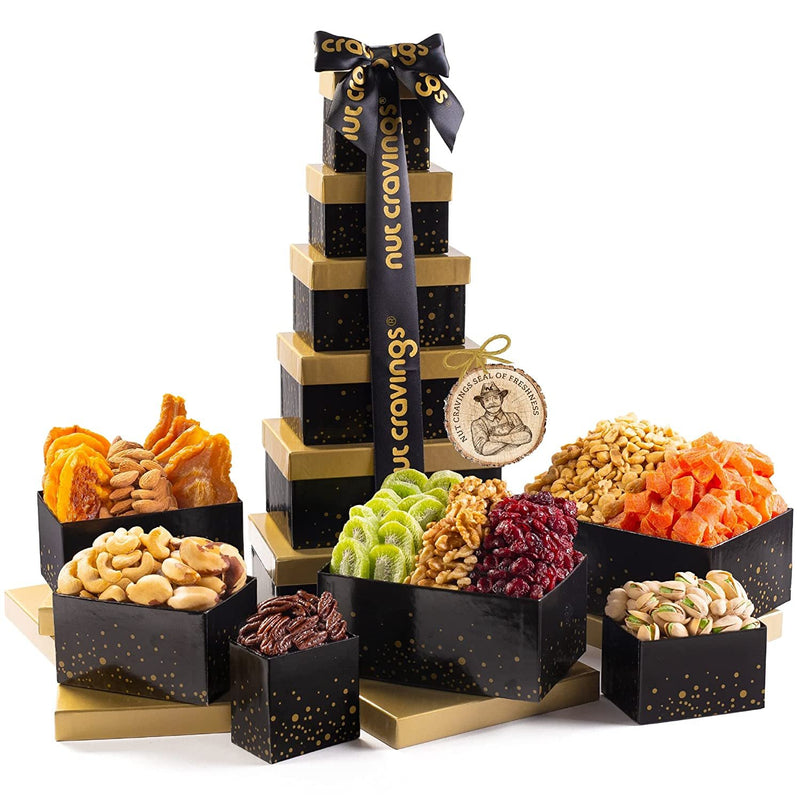 Black Ribbon Holiday Nut and Fruit Gift Tower