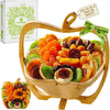 Nut Cravings Gourmet Collection - Dried Fruit Wooden Apple-Shaped Gift Basket + Tray (9 Assortment) Flower Arrangement Platter with Green Ribbon, Healthy Kosher Food, Birthday Care Package - Men Women